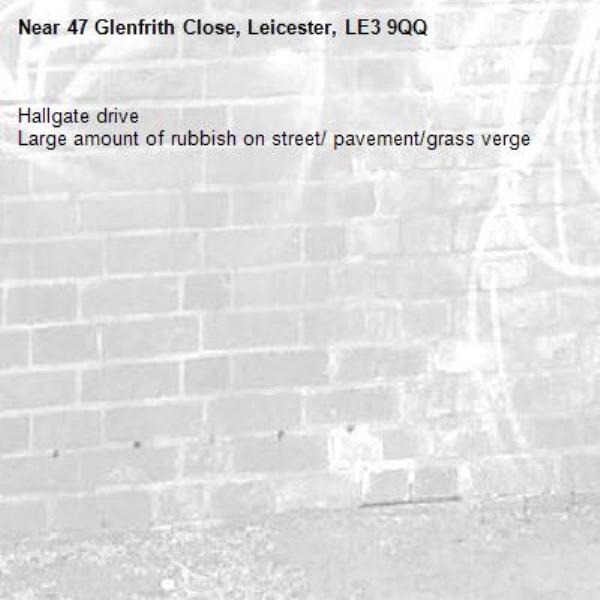Hallgate drive 
Large amount of rubbish on street/ pavement/grass verge -47 Glenfrith Close, Leicester, LE3 9QQ