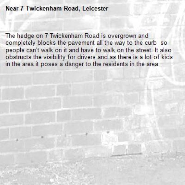 The hedge on 7 Twickenham Road is overgrown and completely blocks the pavement all the way to the curb  so people can’t walk on it and have to walk on the street. It also obstructs the visibility for drivers and as there is a lot of kids in the area it poses a danger to the residents in the area.-7 Twickenham Road, Leicester