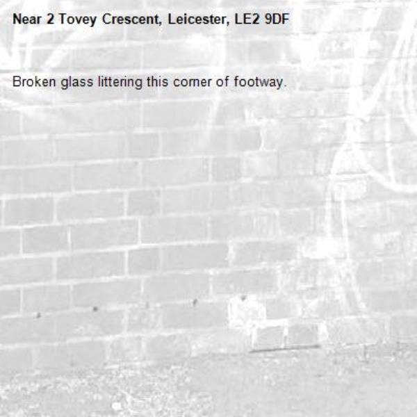 Broken glass littering this corner of footway.-2 Tovey Crescent, Leicester, LE2 9DF