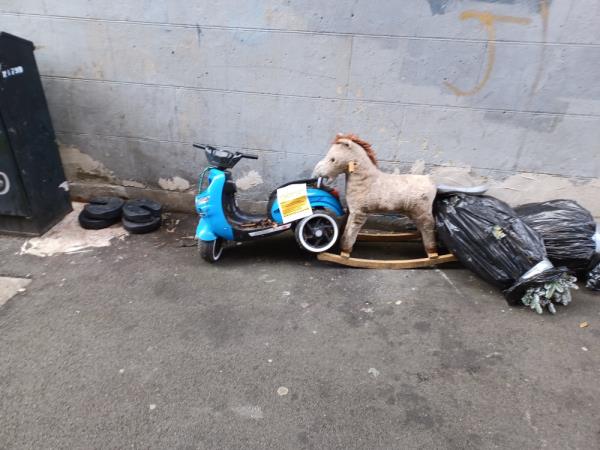 Toy tricycle, toy rocking horse and bags of flowers fly tipped at alleyway near 53 Perth Road, E13. -53 Perth Road, Plaistow, London, E13 9DS