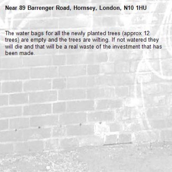 The water bags for all the newly planted trees (approx 12 trees) are empty and the trees are wilting. If not watered they will die and that will be a real waste of the investment that has been made.-89 Barrenger Road, Hornsey, London, N10 1HU