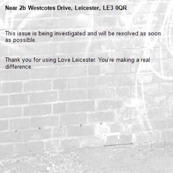 This issue is being investigated and will be resolved as soon as possible.


Thank you for using Love Leicester. You’re making a real difference.
-2b Westcotes Drive, Leicester, LE3 0QR