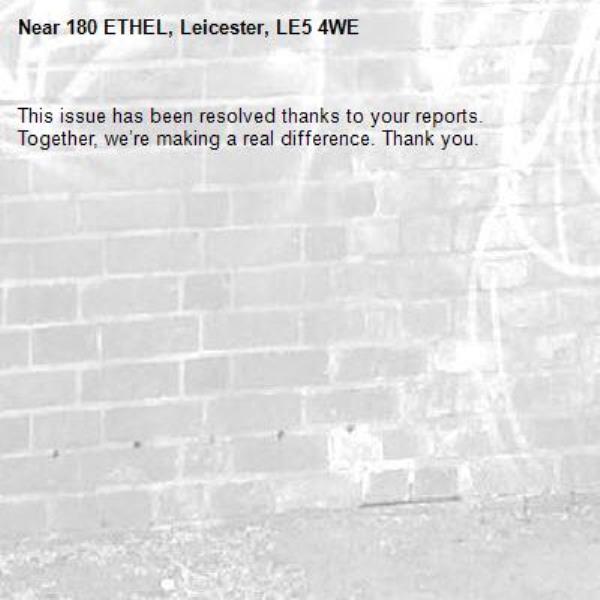 This issue has been resolved thanks to your reports.
Together, we’re making a real difference. Thank you.
-180 ETHEL, Leicester, LE5 4WE