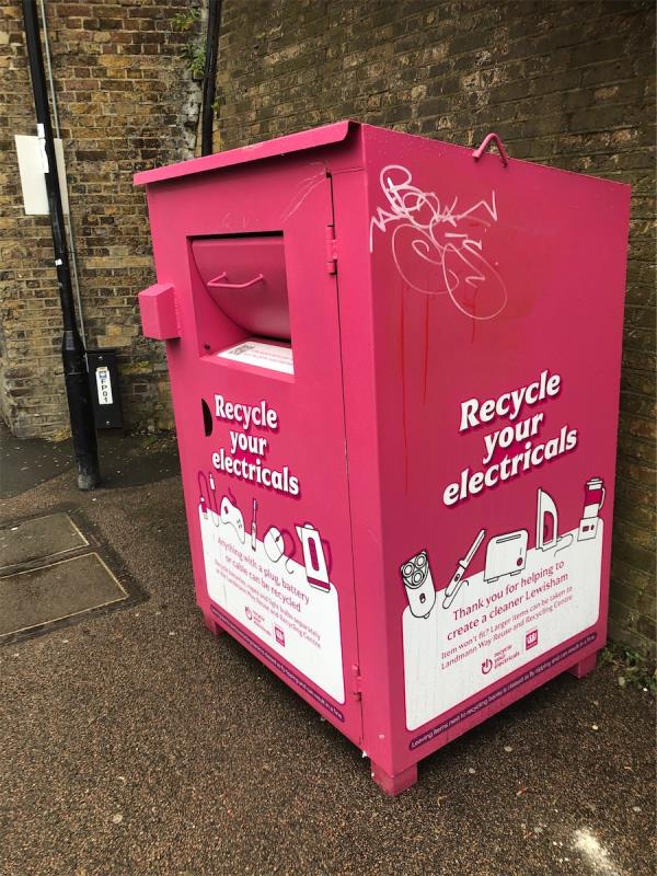 Remove graffiti from Electrical recycling banks-Kinley Folkard And Hayard, 1 Station Approach, Burnt Ash Hill, London, SE12 0AB