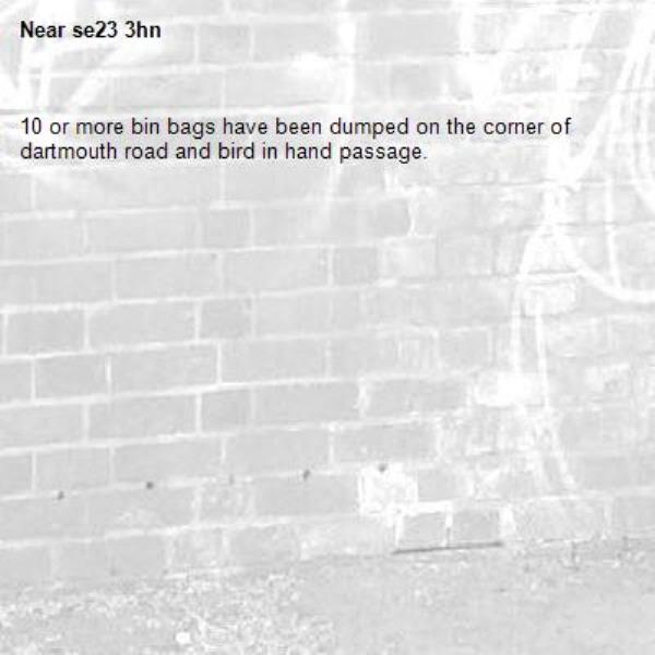 10 or more bin bags have been dumped on the corner of dartmouth road and bird in hand passage.-se23 3hn