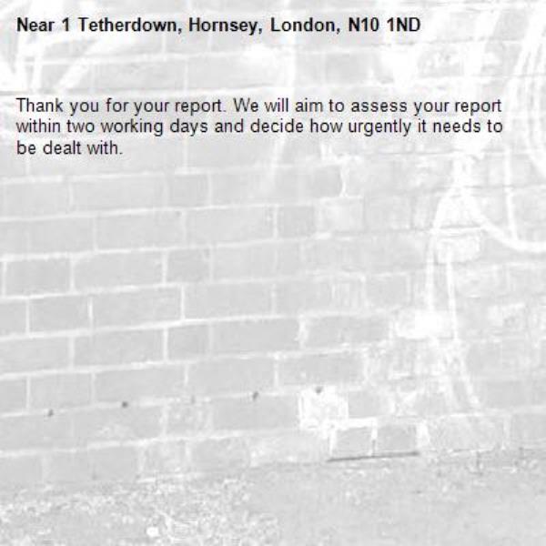Thank you for your report. We will aim to assess your report within two working days and decide how urgently it needs to be dealt with.-1 Tetherdown, Hornsey, London, N10 1ND