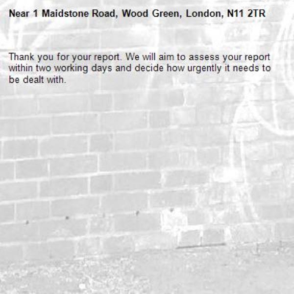 Thank you for your report. We will aim to assess your report within two working days and decide how urgently it needs to be dealt with.-1 Maidstone Road, Wood Green, London, N11 2TR