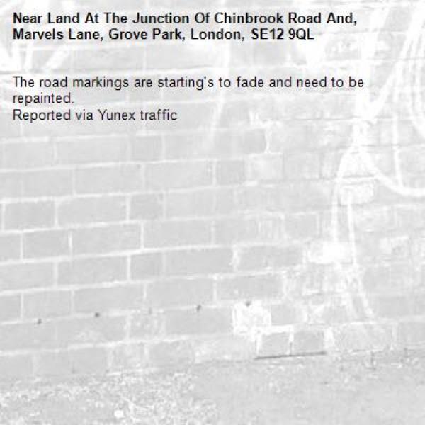 The road markings are starting's to fade and need to be repainted.
Reported via Yunex traffic-Land At The Junction Of Chinbrook Road And, Marvels Lane, Grove Park, London, SE12 9QL