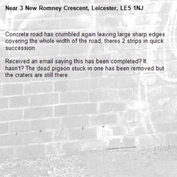 Concrete road has crumbled again leaving large sharp edges covering the whole width of the road, theres 2 strips in quick succession.

Received an email saying this has been completed? It hasn't? The dead pigeon stuck in one has been removed but the craters are still there-3 New Romney Crescent, Leicester, LE5 1NJ