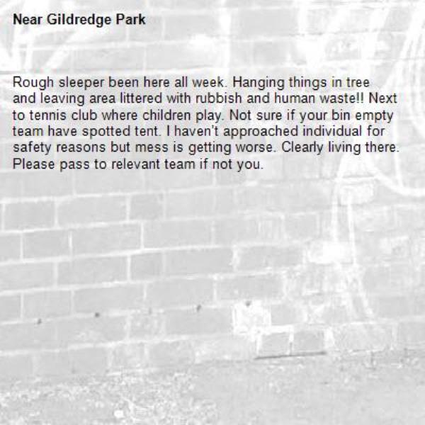 Rough sleeper been here all week. Hanging things in tree and leaving area littered with rubbish and human waste!! Next to tennis club where children play. Not sure if your bin empty team have spotted tent. I haven’t approached individual for safety reasons but mess is getting worse. Clearly living there. Please pass to relevant team if not you. -Gildredge Park