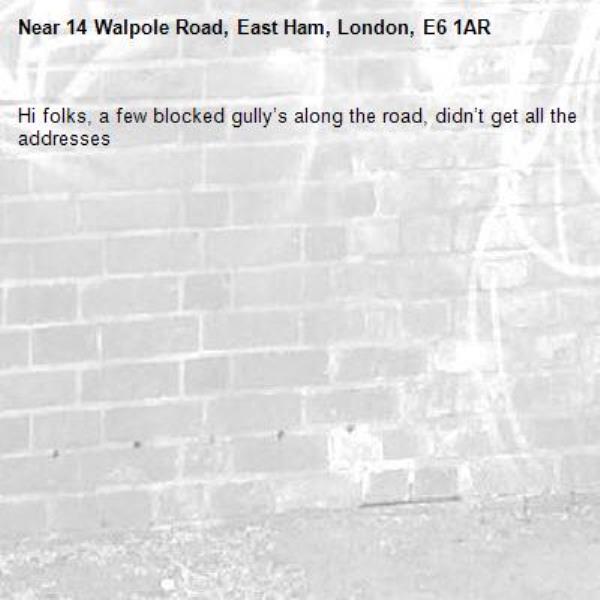 Hi folks, a few blocked gully’s along the road, didn’t get all the addresses-14 Walpole Road, East Ham, London, E6 1AR
