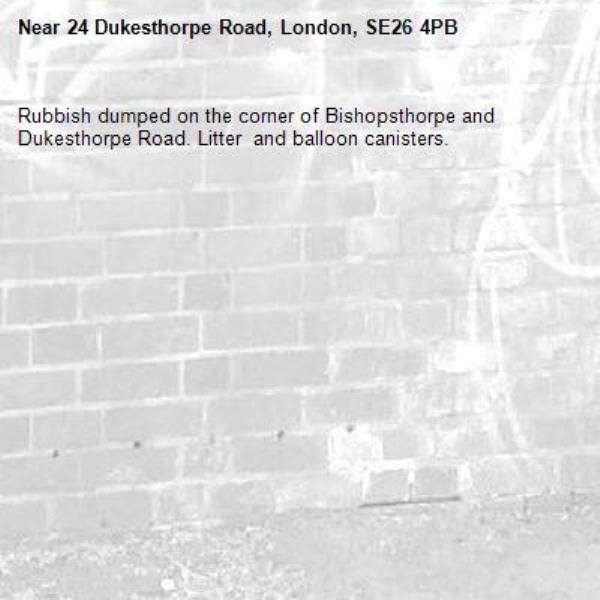 Rubbish dumped on the corner of Bishopsthorpe and Dukesthorpe Road. Litter  and balloon canisters. -24 Dukesthorpe Road, London, SE26 4PB