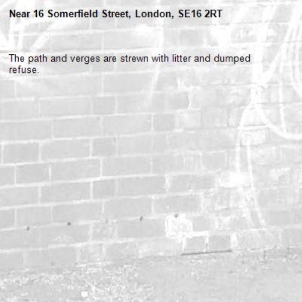 The path and verges are strewn with litter and dumped refuse.-16 Somerfield Street, London, SE16 2RT
