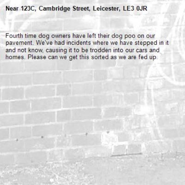 Fourth time dog owners have left their dog poo on our pavement. We’ve had incidents where we have stepped in it and not know, causing it to be trodden into our cars and homes. Please can we get this sorted as we are fed up.-123C, Cambridge Street, Leicester, LE3 0JR