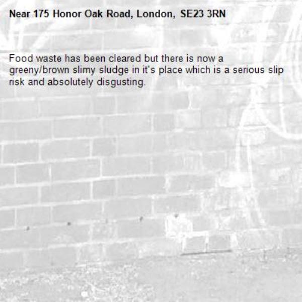 Food waste has been cleared but there is now a greeny/brown slimy sludge in it&#39;s place which is a serious slip risk and absolutely disgusting.-175 Honor Oak Road, London, SE23 3RN
