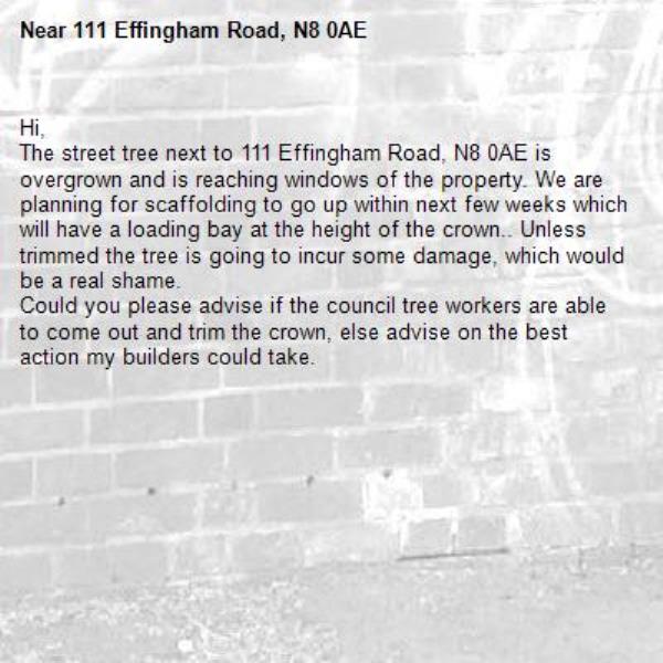 Hi, 
The street tree next to 111 Effingham Road, N8 0AE is overgrown and is reaching windows of the property. We are planning for scaffolding to go up within next few weeks which will have a loading bay at the height of the crown.. Unless trimmed the tree is going to incur some damage, which would be a real shame. 
Could you please advise if the council tree workers are able to come out and trim the crown, else advise on the best action my builders could take.-111 Effingham Road, N8 0AE