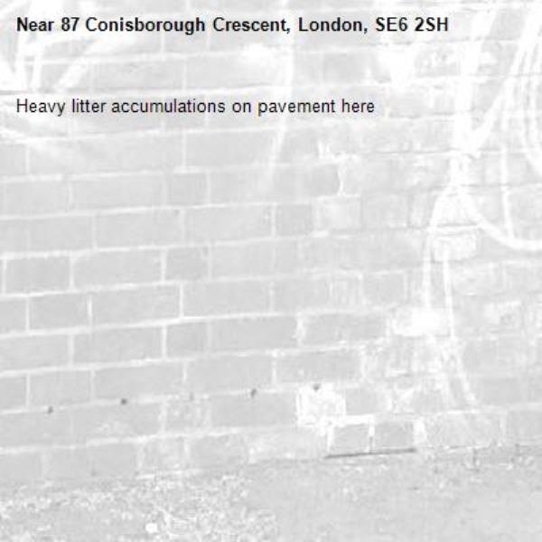 Heavy litter accumulations on pavement here-87 Conisborough Crescent, London, SE6 2SH