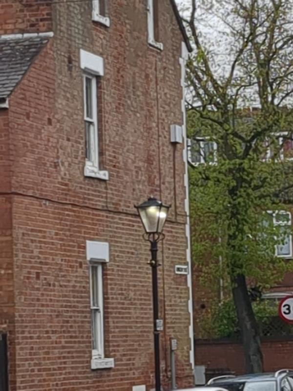 Two street lights on all the time even daytime one by the junction of Evington road/Abingdon road, one further down Abingdon road past number 11-2A, Abingdon Road, Leicester, LE2 1HA