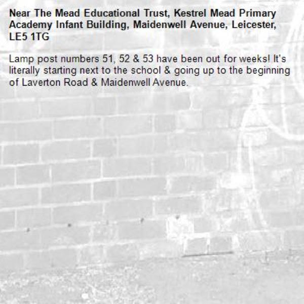 Lamp post numbers 51, 52 & 53 have been out for weeks! It's literally starting next to the school & going up to the beginning of Laverton Road & Maidenwell Avenue. -The Mead Educational Trust, Kestrel Mead Primary Academy Infant Building, Maidenwell Avenue, Leicester, LE5 1TG