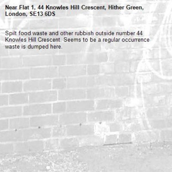 Spilt food waste and other rubbish outside number 44 Knowles Hill Crescent. Seems to be a regular occurrence waste is dumped here.-Flat 1, 44 Knowles Hill Crescent, Hither Green, London, SE13 6DS
