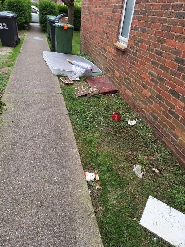 Mattress , smashed up bed, cardboard and wood, next to flats 19 to 24.-Rush Court, 55 Bourne Street, Eastbourne, BN21 3RY