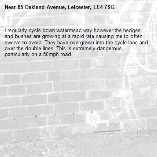 I regularly cycle down watermead way however the hedges and bushes are growing at a rapid rate causing me to often swerve to avoid. They have overgrown into the cycle lane and over the double lines .This is extremely dangerous, particularly on a 50mph road-85 Oakland Avenue, Leicester, LE4 7SG