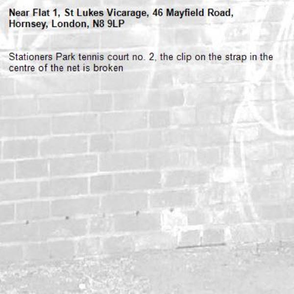 Stationers Park tennis court no. 2, the clip on the strap in the centre of the net is broken-Flat 1, St Lukes Vicarage, 46 Mayfield Road, Hornsey, London, N8 9LP