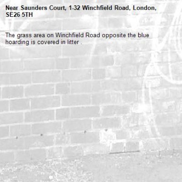 The grass area on Winchfield Road opposite the blue hoarding is covered in litter .-Saunders Court, 1-32 Winchfield Road, London, SE26 5TH