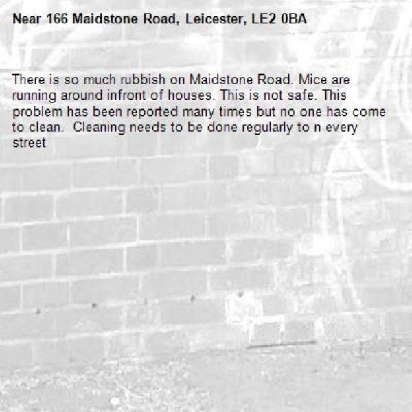 There is so much rubbish on Maidstone Road. Mice are running around infront of houses. This is not safe. This problem has been reported many times but no one has come to clean.  Cleaning needs to be done regularly to n every street-166 Maidstone Road, Leicester, LE2 0BA