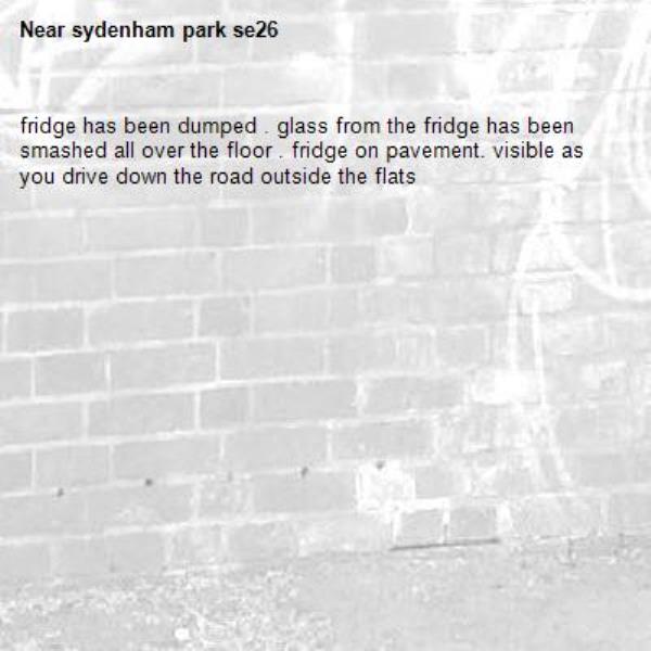 fridge has been dumped . glass from the fridge has been smashed all over the floor . fridge on pavement. visible as you drive down the road outside the flats  -sydenham park se26 