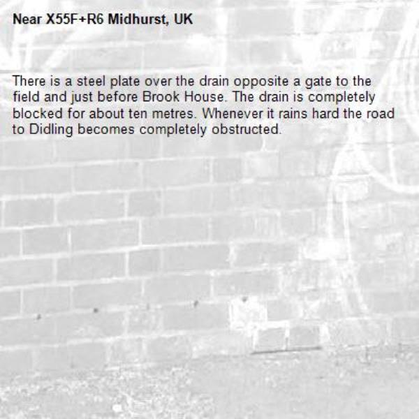 There is a steel plate over the drain opposite a gate to the field and just before Brook House. The drain is completely blocked for about ten metres. Whenever it rains hard the road to Didling becomes completely obstructed.-X55F+R6 Midhurst, UK