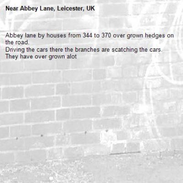 Abbey lane by houses from 344 to 370 over grown hedges on the road.
Driving the cars there the branches are scatching the cars.
They have over grown alot-Abbey Lane, Leicester, UK