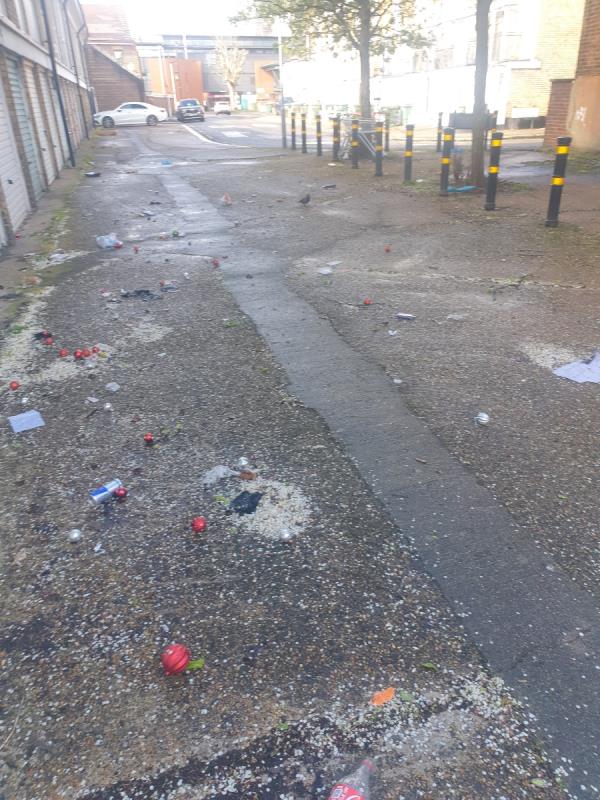 Dumped Christmas decorations opened up and spread across the footpath. -10 Wolffe Gardens, Stratford, London, E15 4JJ