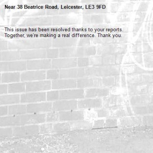 This issue has been resolved thanks to your reports.
Together, we’re making a real difference. Thank you.
-38 Beatrice Road, Leicester, LE3 9FD