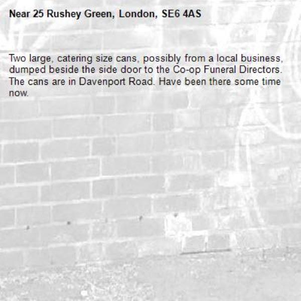 Two large, catering size cans, possibly from a local business, dumped beside the side door to the Co-op Funeral Directors. The cans are in Davenport Road. Have been there some time now.-25 Rushey Green, London, SE6 4AS