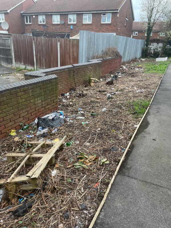 Litter exposed by spring greenery trimming -5 Burlington Close, Beckton, London, E6 5RX