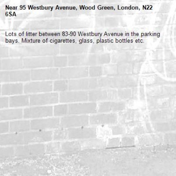 Lots of litter between 83-90 Westbury Avenue in the parking bays. Mixture of cigarettes, glass, plastic bottles etc.-95 Westbury Avenue, Wood Green, London, N22 6SA