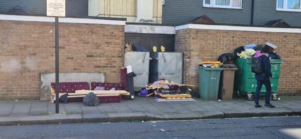 There is an old settee broken and dumped -28 Shirley Road, Stratford, London, E15 4HX