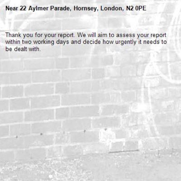 Thank you for your report. We will aim to assess your report within two working days and decide how urgently it needs to be dealt with.-22 Aylmer Parade, Hornsey, London, N2 0PE