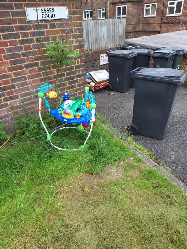 Baby toys and piles of cardboard  outside Essex Court -Essex Court, Rockhurst Drive, Eastbourne, BN20 8UU