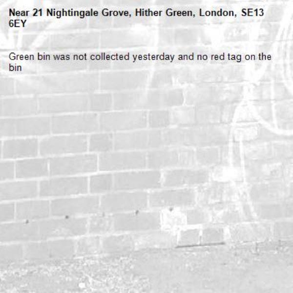 Green bin was not collected yesterday and no red tag on the bin-21 Nightingale Grove, Hither Green, London, SE13 6EY