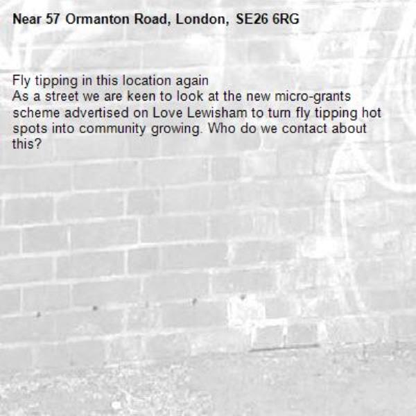 Fly tipping in this location again
As a street we are keen to look at the new micro-grants scheme advertised on Love Lewisham to turn fly tipping hot spots into community growing. Who do we contact about this?-57 Ormanton Road, London, SE26 6RG