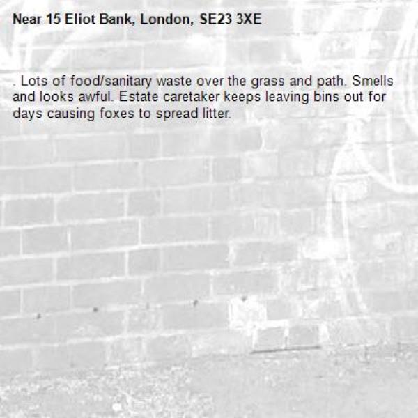 . Lots of food/sanitary waste over the grass and path. Smells and looks awful. Estate caretaker keeps leaving bins out for days causing foxes to spread litter.-15 Eliot Bank, London, SE23 3XE