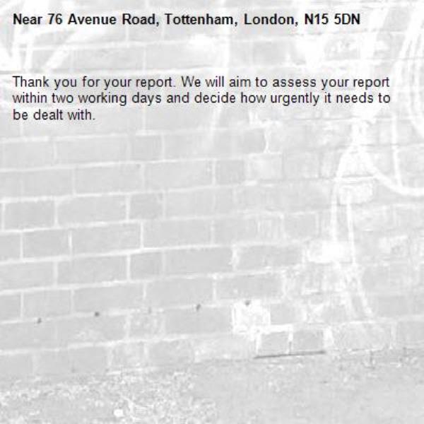 Thank you for your report. We will aim to assess your report within two working days and decide how urgently it needs to be dealt with.-76 Avenue Road, Tottenham, London, N15 5DN