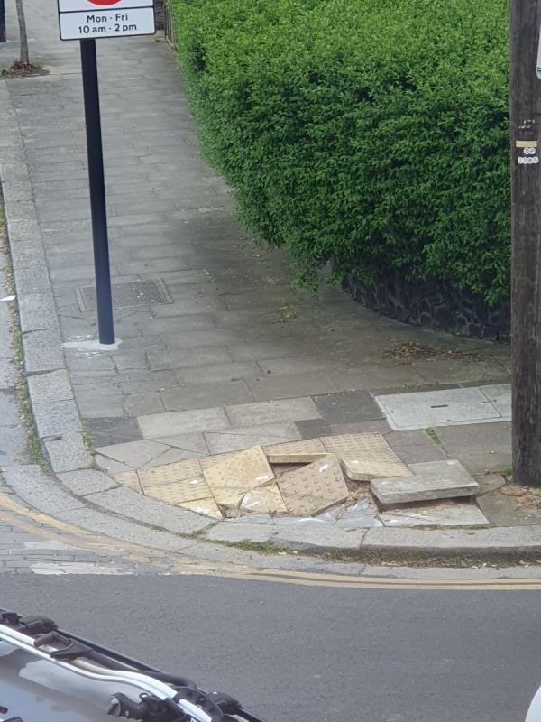 Paving on the corner keeps getting worse as the repair has been left too long.  Now very dangerous. -Flat A, 155 North View Road, Hornsey, London, N8 7ND