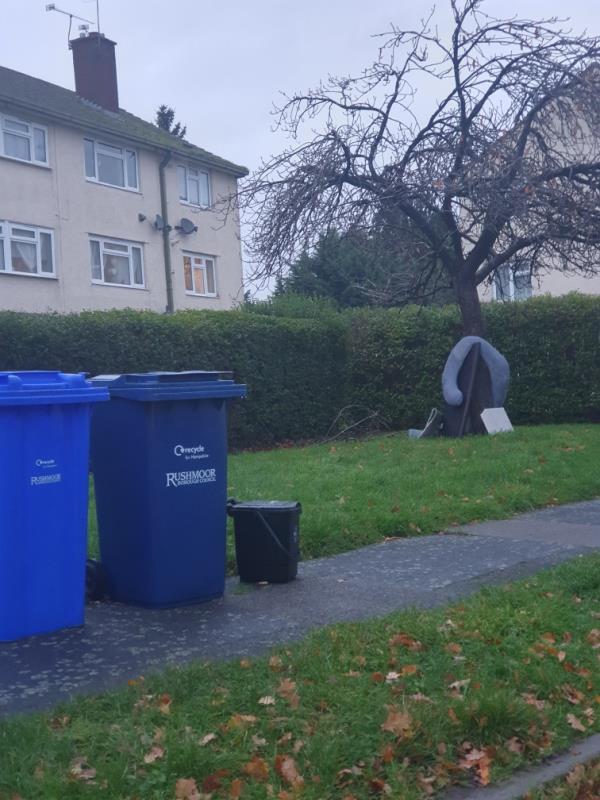 Rubbish dumped by tree-24a Perring Avenue, Fernhill, GU14 9DB, England, United Kingdom