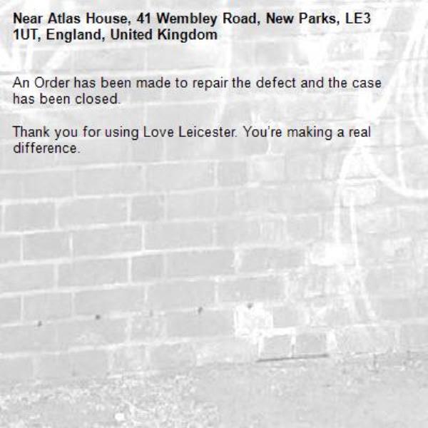 An Order has been made to repair the defect and the case has been closed.

Thank you for using Love Leicester. You’re making a real difference.
-Atlas House, 41 Wembley Road, New Parks, LE3 1UT, England, United Kingdom