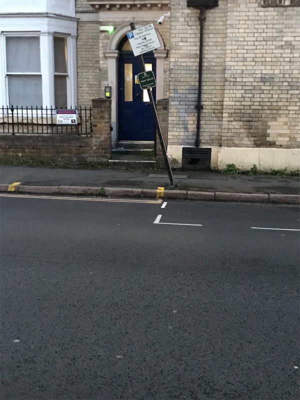 Parking sign leaning at approx 40 degree angle - see photo.-Regent Road, Leicester