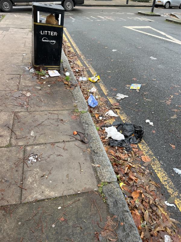 Bin Full and spilling rubbish in the street which needs a sweep-48 Manbey Grove, Stratford, London, E15 1EX