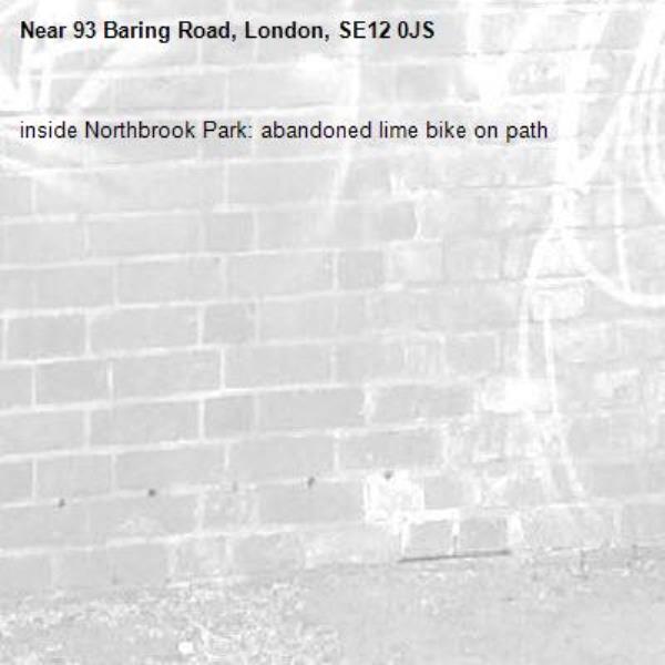 inside Northbrook Park: abandoned lime bike on path-93 Baring Road, London, SE12 0JS